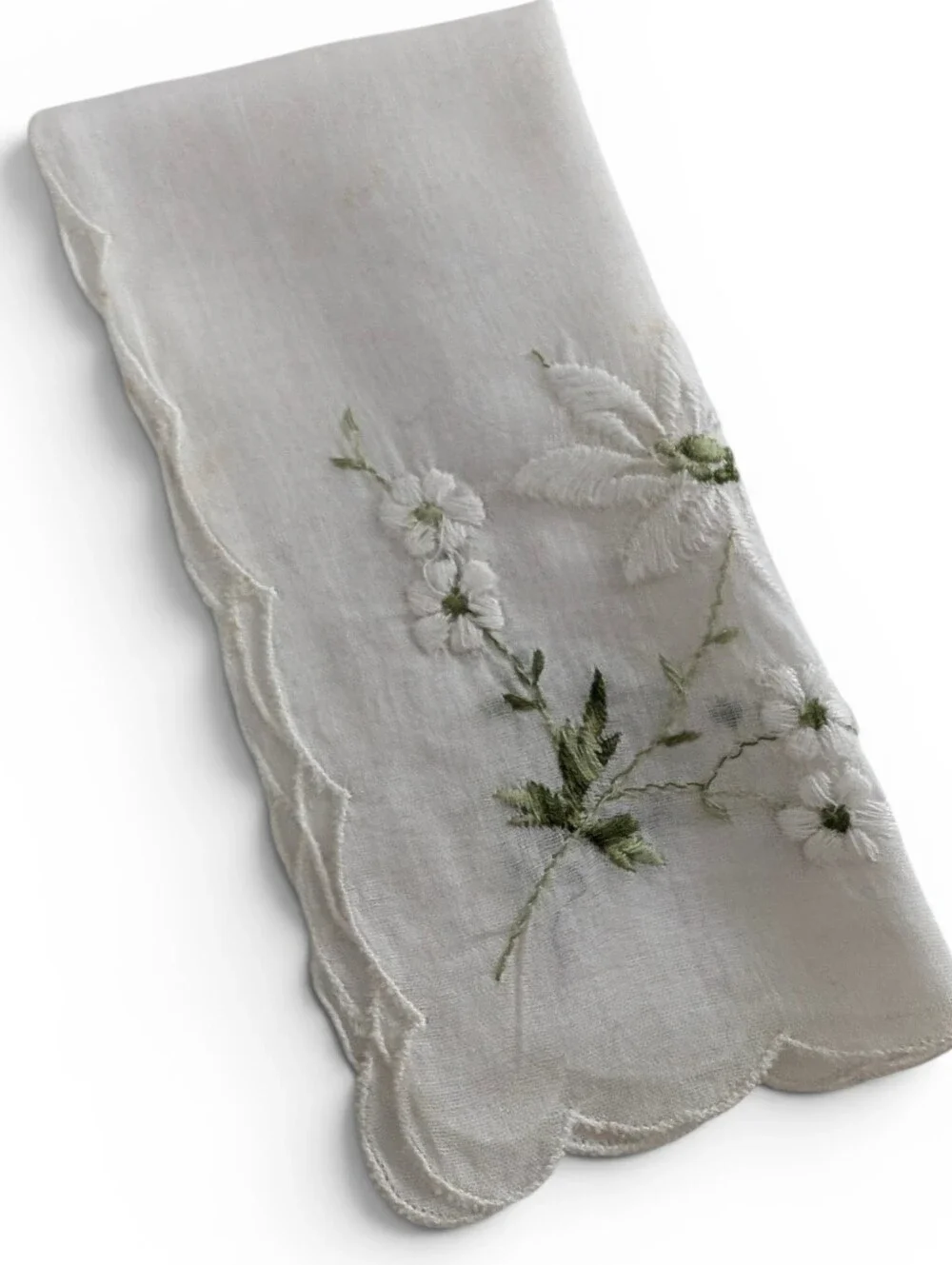 VINTAGE Hankerchief Embroidered White Linen Green Floral Design
